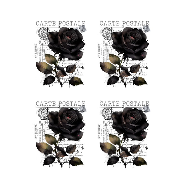 Four black roses with leaves on a white background with 'CARTE POSTALE' text. TRANSFER