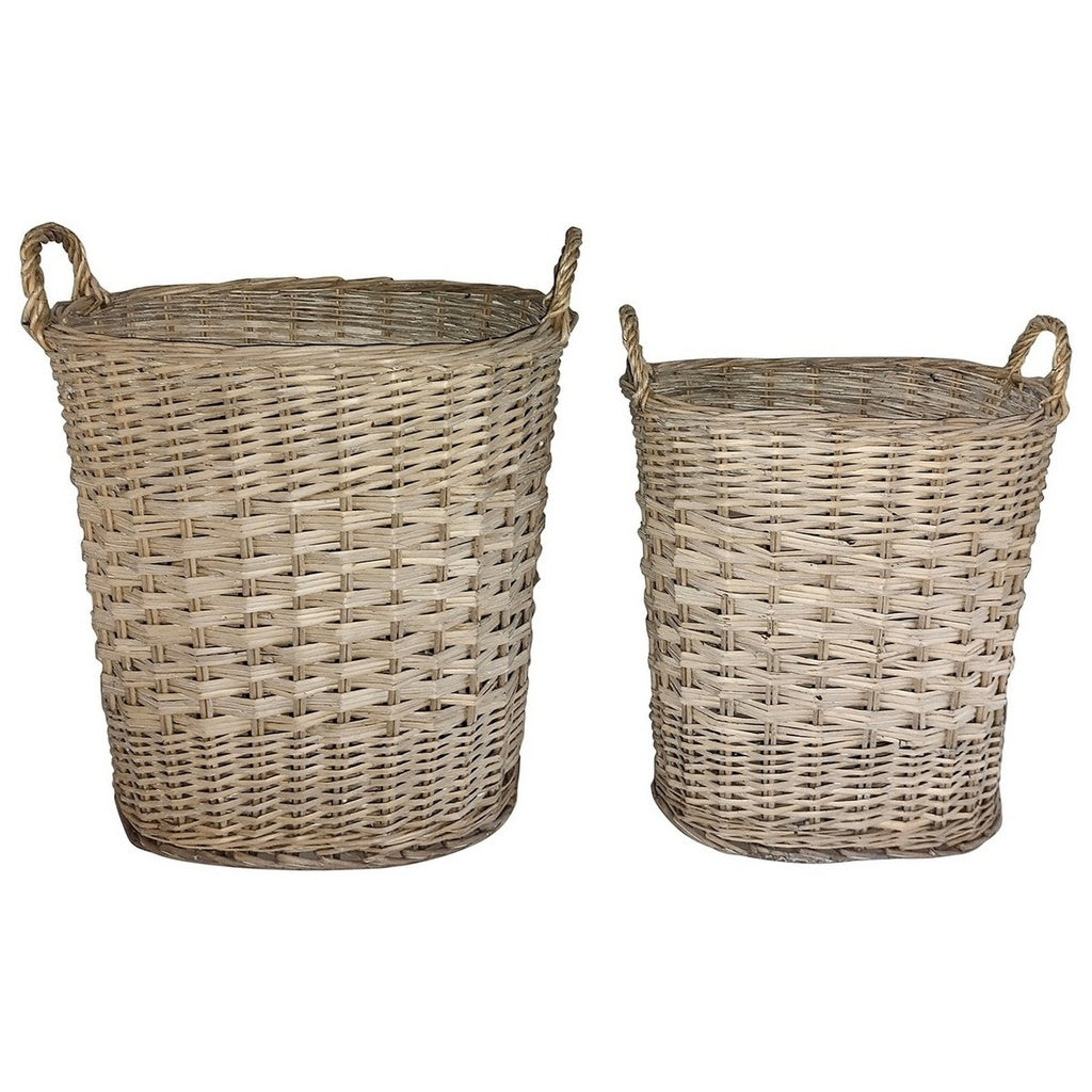 Two natural woven wicker storage baskets with loop handles, Standing Baskets Willow Greywash