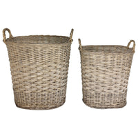 Two natural woven wicker storage baskets with loop handles, Standing Baskets Willow Greywash
