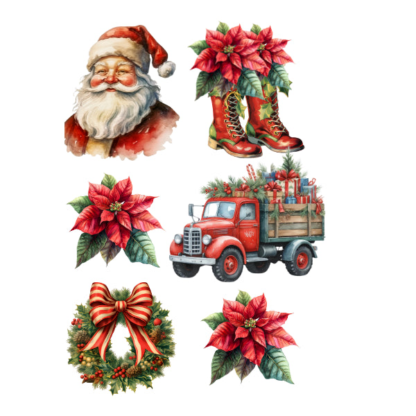 A set of six Christmas-themed watercolor illustrations on a white background, including Santa Claus, red poinsettias, red boots, a red vintage truck loaded with gifts, a wreath with a large red bow, and another poinsettia.