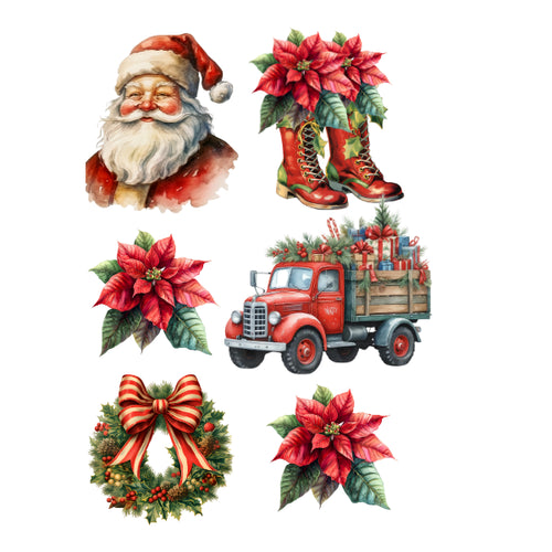 A set of six Christmas-themed watercolor illustrations on a white background, including Santa Claus, red poinsettias, red boots, a red vintage truck loaded with gifts, a wreath with a large red bow, and another poinsettia.