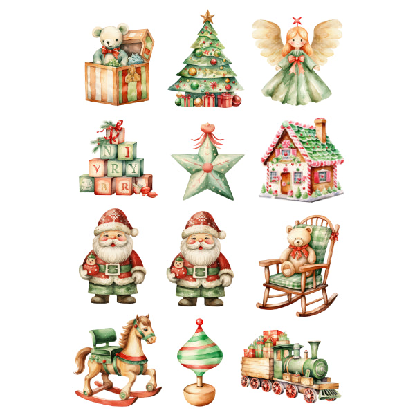 A collection of watercolor Christmas-themed illustrations on a white background, including a teddy bear in a gift box, a decorated Christmas tree, a winged angel, a 'MERRY CHRIST' block-letter Christmas tree, a star, a gingerbread house, two Santa Claus figures, a rocking chair with a teddy bear, a rocking horse, a striped ornament, and a small Christmas train.