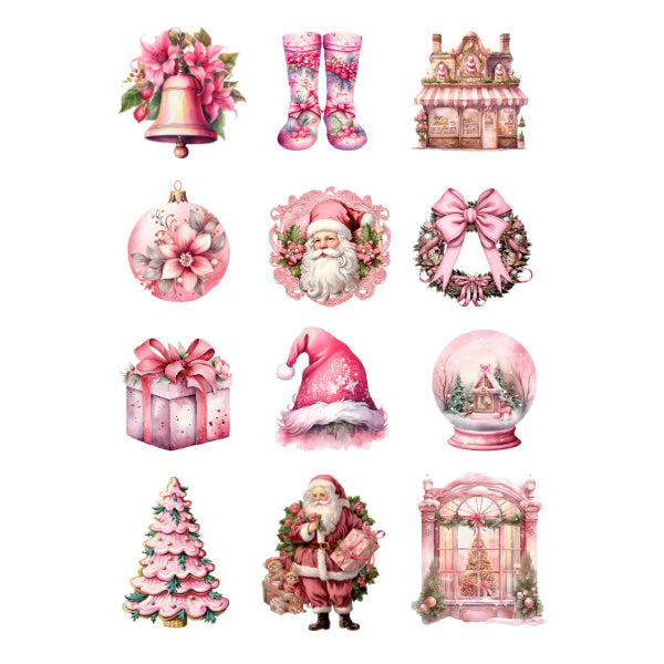 A set of 12 pink Christmas-themed watercolor illustrations arranged in a 3x4 grid on a white background, including a bell with flowers, floral boot socks, a pink house, ornaments, Santa frames, bows, gifts, a snow globe, a decorated tree, Santa, and a pink arched window scene. CHRISTMAS 3 transfer