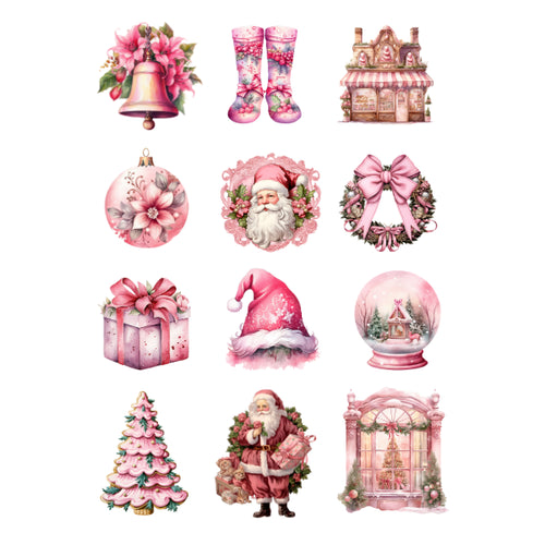A set of 12 pink Christmas-themed watercolor illustrations arranged in a 3x4 grid on a white background, including a bell with flowers, floral boot socks, a pink house, ornaments, Santa frames, bows, gifts, a snow globe, a decorated tree, Santa, and a pink arched window scene. CHRISTMAS 3 transfer