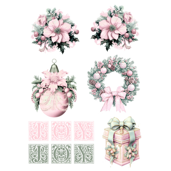A collection of Christmas-themed decorative graphics on a white background, including two floral bouquets, a pink ornament, a wreath with a bow, six decorative letter tiles spelling JOY, and a pink gift box with a mint ribbon.