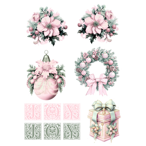 A collection of Christmas-themed decorative graphics on a white background, including two floral bouquets, a pink ornament, a wreath with a bow, six decorative letter tiles spelling JOY, and a pink gift box with a mint ribbon.