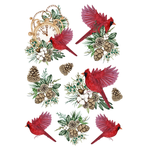 A sheet of watercolor-style holiday decals featuring red cardinal birds, pinecones, pineapples, and green foliage on a white background.