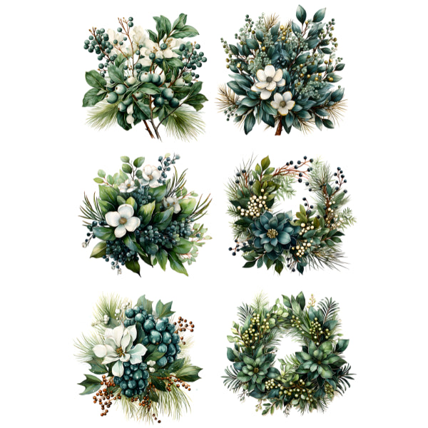 Six watercolor-style floral arrangements and wreaths in green, blue-green, white, and small brown accents, arranged on a plain white background.