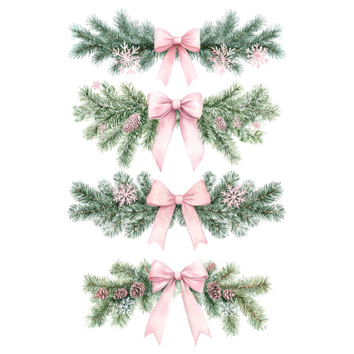 Four watercolor Christmas garland designs arranged vertically on a white background, each featuring green pine branches, pink bows, snowflakes, and small pinecones.
