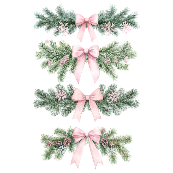 Four watercolor Christmas garland designs arranged vertically on a white background, each featuring green pine branches, pink bows, snowflakes, and small pinecones.