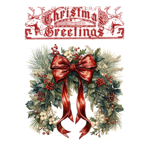 A festive Christmas wreath illustration with a large red bow, green pine and holly foliage, red berries, and cream flowers, beneath a red decorative 'Christmas Greetings' banner on a white background.