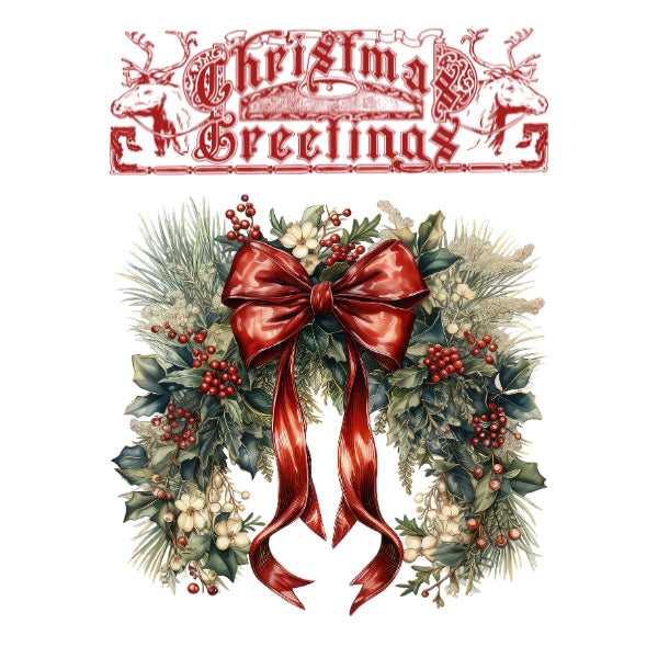 A festive Christmas wreath illustration with a large red bow, green pine and holly foliage, red berries, and cream flowers, beneath a red decorative 'Christmas Greetings' banner on a white background.
