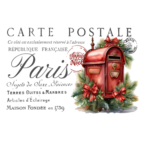 A festive watercolor-style illustration of a red Parisian-style mailbox decorated with green pine branches and red bows, alongside decorative French text including 'CARTE POSTALE', 'Paris', and 'Loyalty Noel'.