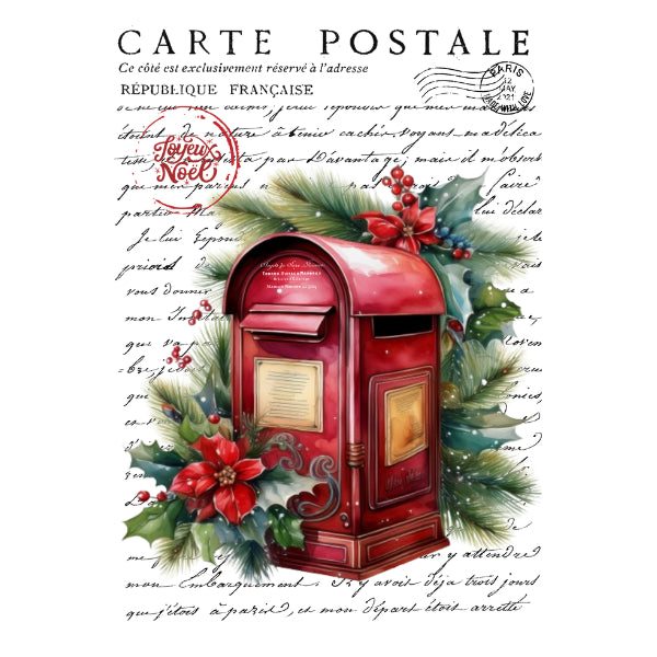 A vintage-style French postcard design featuring a red mailbox decorated with green pine branches, red berries, and a red circular stamp reading "Sant Extrait de Vie". The postcard is overlaid on a background of cursive handwriting and faint postmark text.