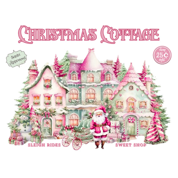 A vintage-style illustrated Christmas cottage scene with pink and pastel holiday decorations, a Santa figure in front, trees, sleighs, gifts, and decorative text reading 'Christmas Cottage,' 'Sleigh Rides,' and 'Sweet Shop.'.