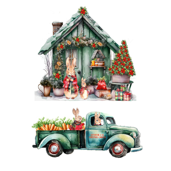 A watercolor-style holiday illustration set featuring a small green cabin with rabbits, flowers, gifts, and a decorated Christmas tree, plus a vintage green truck carrying carrots and rabbits in the bed. CHRISTMAS COTTONTAILS 1transfer