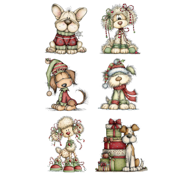 Six Christmas-themed cartoon dog illustrations arranged in a 3-by-2 grid on a white background. The dogs wear festive holiday clothing and accessories, with one standing beside a stack of wrapped presents. transfer