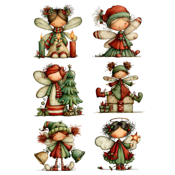 Six Christmas fairy illustrations arranged in a 2x3 grid on a white background, each wearing red and green holiday clothing and accessories such as hats, scarves, wings, candles, a tree, gifts, a bell, and a star.