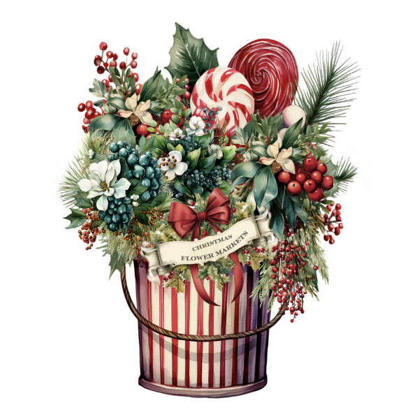 A festive illustrated floral arrangement in a red-and-white striped bucket, featuring candy canes, holly leaves, pine branches, berries, and a ribbon banner reading “Christmas Flower Market.”.