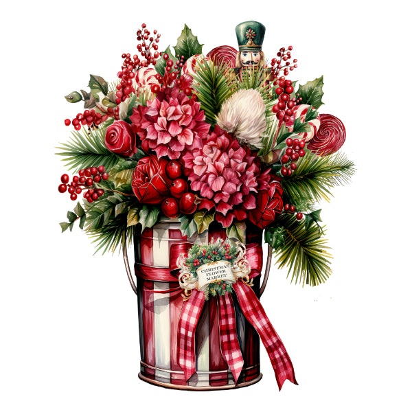 A festive Christmas floral arrangement in a red-and-white striped bucket with a red plaid ribbon and a small decorative tag. The bouquet includes pink hydrangeas, red roses, green pine branches, red berries, candy canes, and a nutcracker figure on top, all on a plain white background.