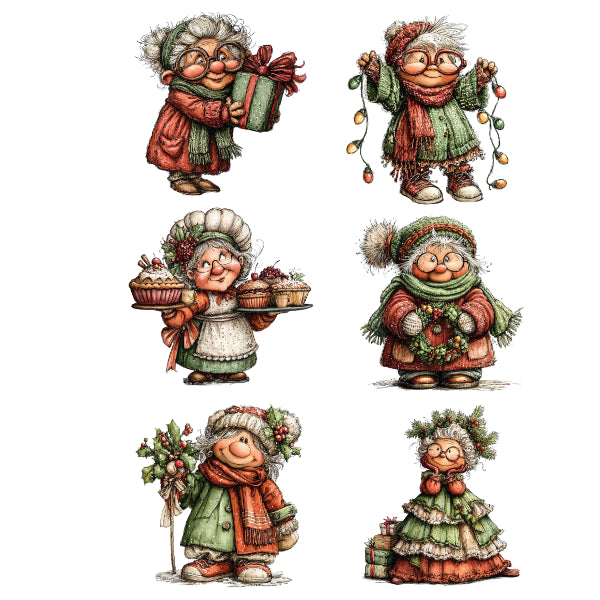 Six vintage-style illustrated holiday characters arranged in a 2x3 grid on a white background, each wearing winter clothing and accessories such as hats, scarves, gloves, and wreaths, with one holding a gift box and another holding string lights and baskets of pastries. CHRISTMAS GRANDMA transfer