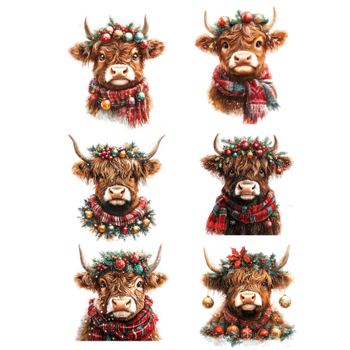 Six festive Highland cow illustrations arranged in a 2x3 grid on a white background, each wearing holiday garlands and plaid scarves in red, green, and gold tones. transfer