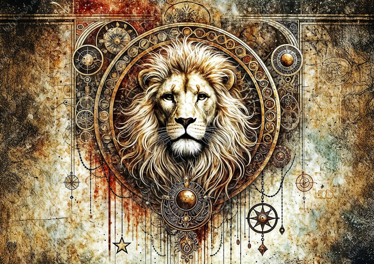 Celestial Roar Mulberry Decoupage Paper. Decorative lion head with intricate patterns on a textured background