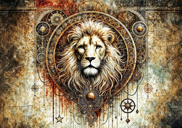 Celestial Roar Mulberry Decoupage Paper. Decorative lion head with intricate patterns on a textured background