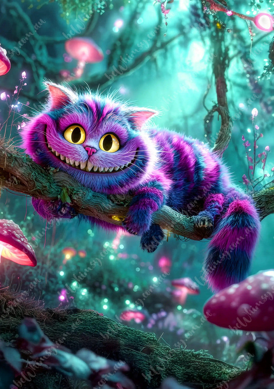Colorful cheshire cat in a fantasy forest with glowing mushrooms