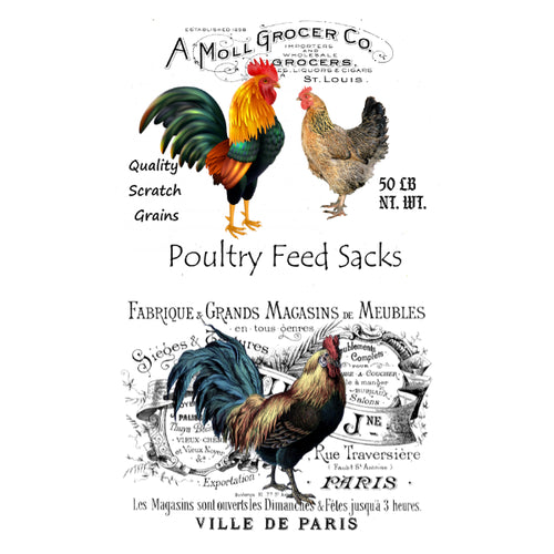 Vintage-style advertisement for poultry feed sacks featuring roosters and text.
