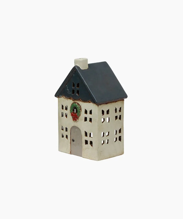 French Country Alsace Tea Light House Christmas Blue with Wreath sml