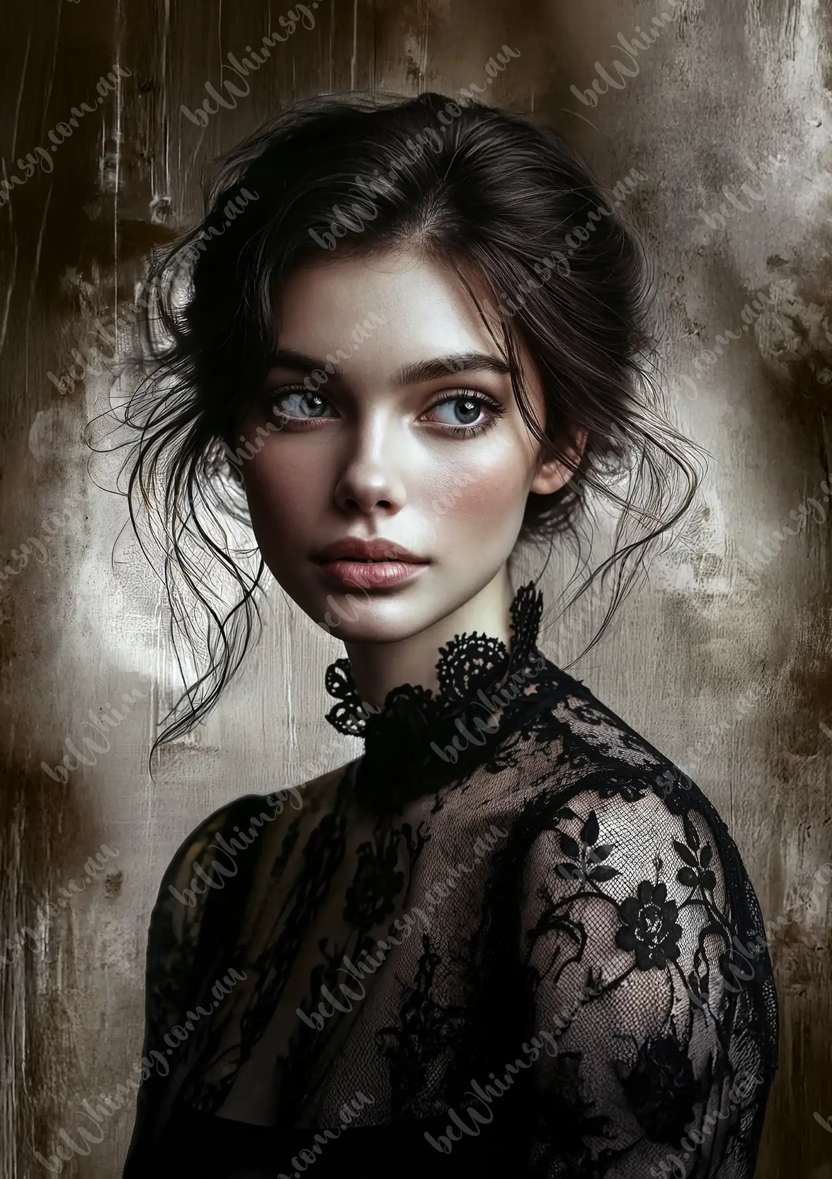 Woman wearing a black lace garment against a textured brown background Chloe Mulberry Decoupage Paper