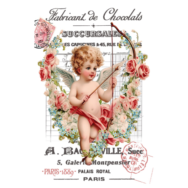 Vintage-style advertisement with cherub holding a bow and flowers, featuring text and decorative elements. Chocolat Cherub White Cloud Transfer