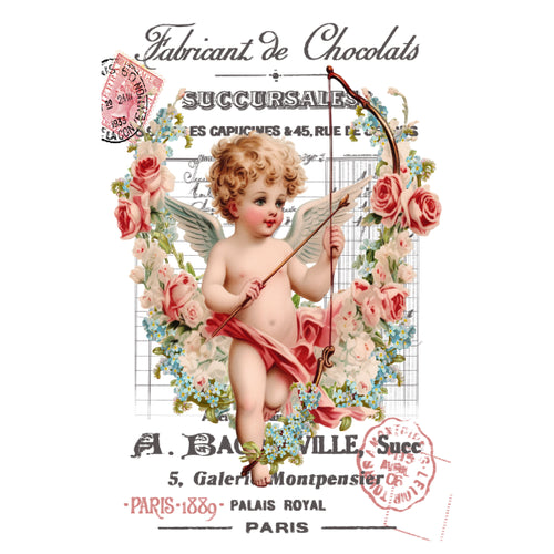 Vintage-style advertisement with cherub holding a bow and flowers, featuring text and decorative elements. Chocolat Cherub White Cloud Transfer