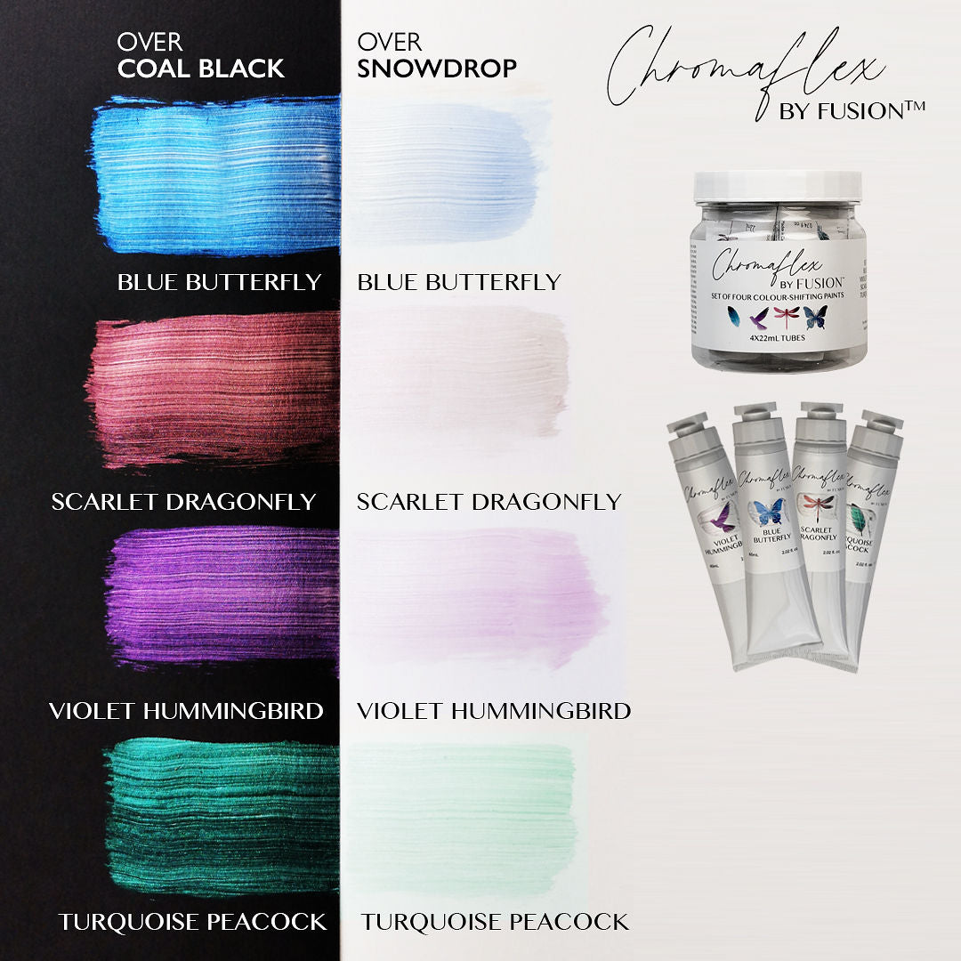Color swatches and Chromaflex by Fusion product display on a white background. ChromaFlex COLOUR SHIFTING METAllic paints by fusion mineral paint