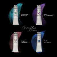 Four tubes of Chromaflex by Fusion hair color with color names and swatches on a black background. ChromaFlex COLOUR SHIFTING METAllic paints by fusion mineral paint