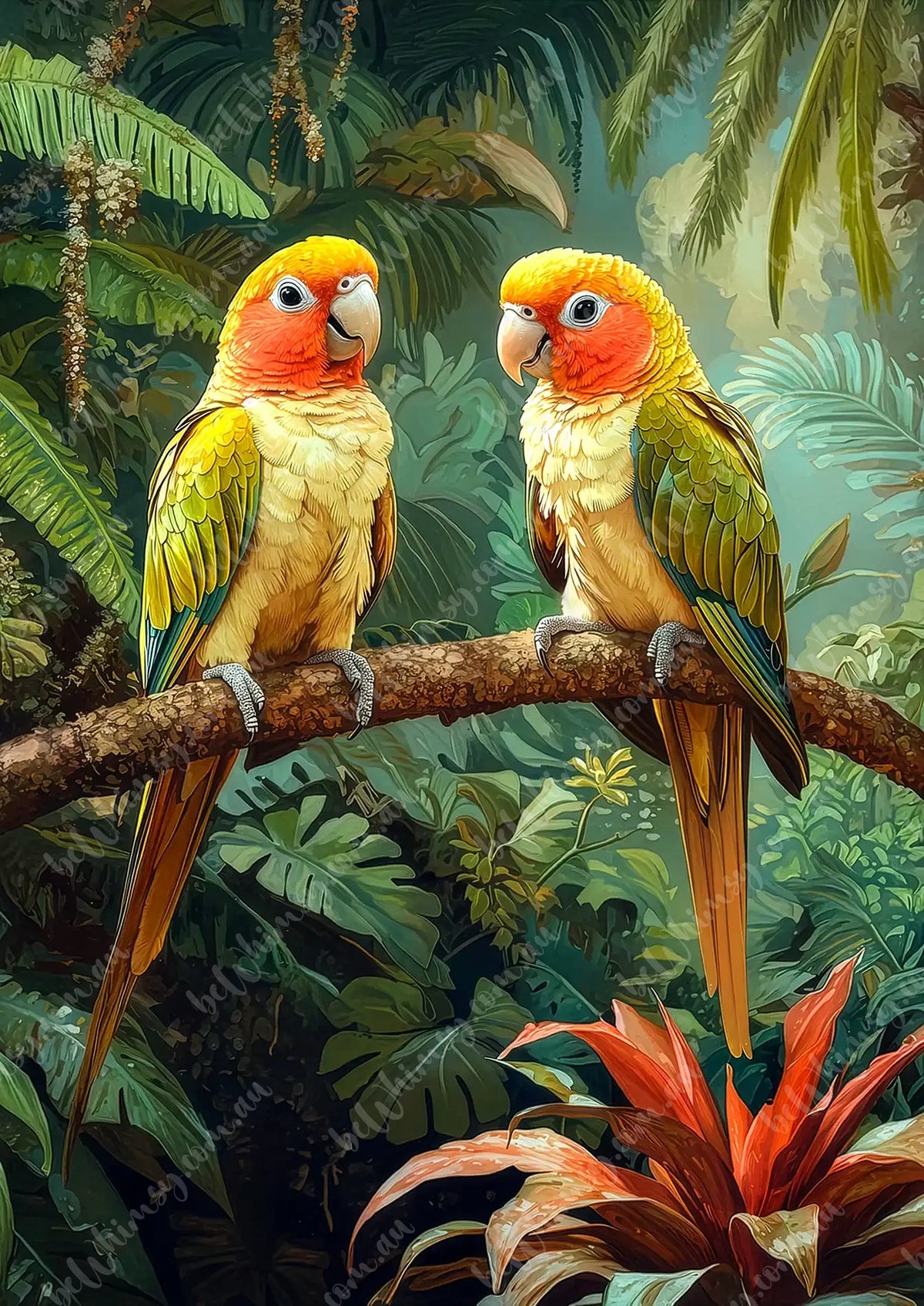 Two parrots perched on a branch with a tropical forest background Colourbond Mulberry Decoupage Paper