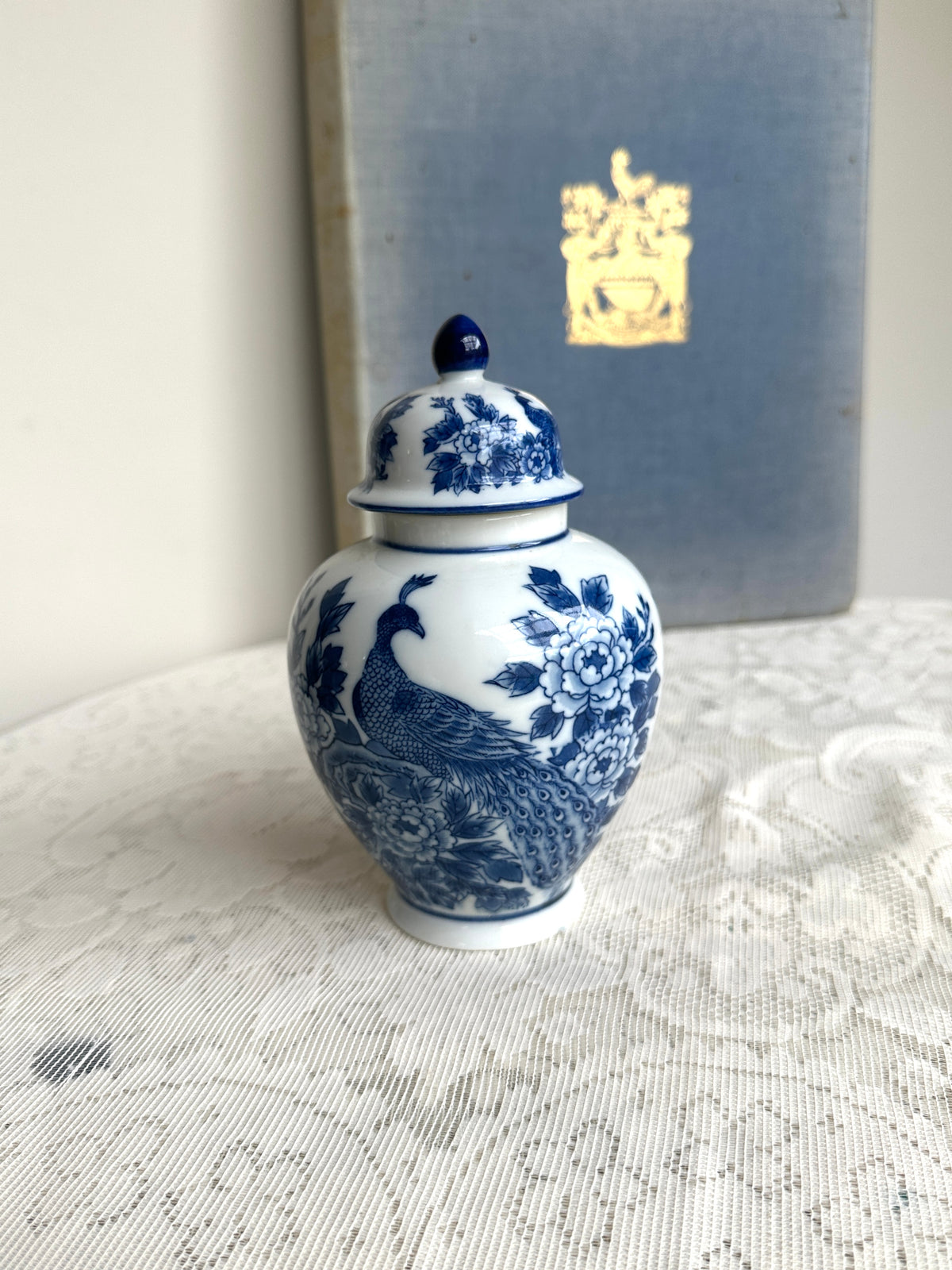 Blue & White Ginger jar w Peacock