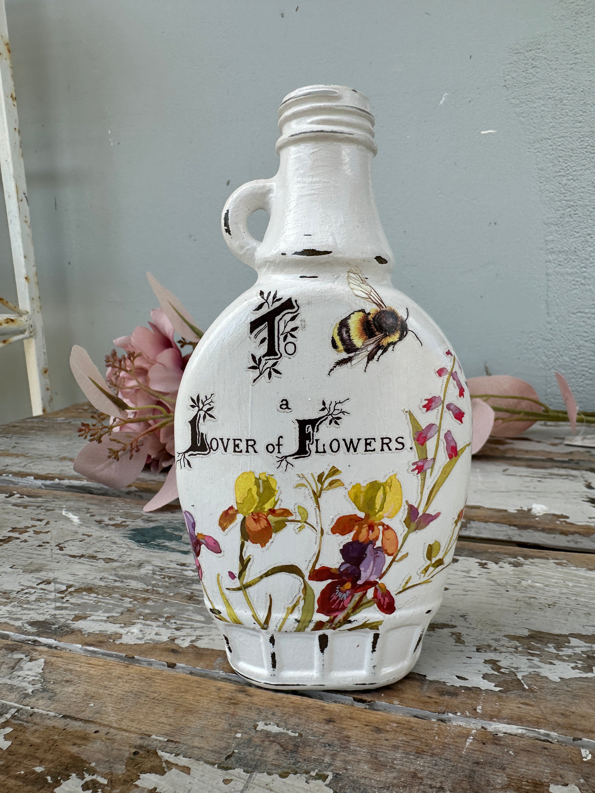 Painted glass jug bottle White typography and florals