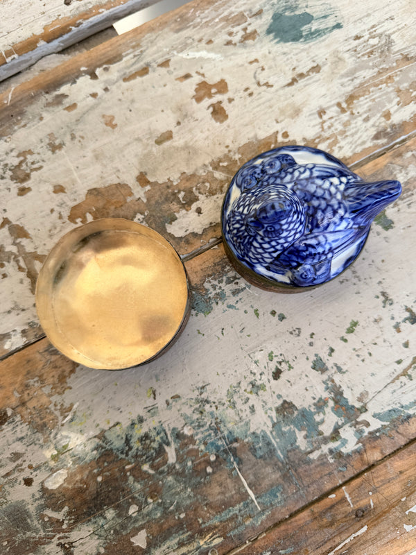 Blue & White Chinoiserie & metal Chicken trinket container