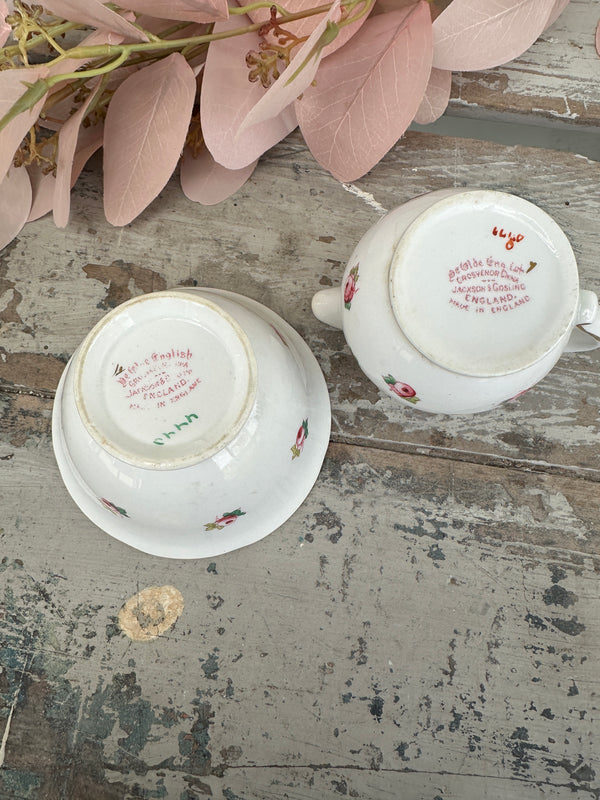 Pink rosebud set sugar bowl and jug Made in England
