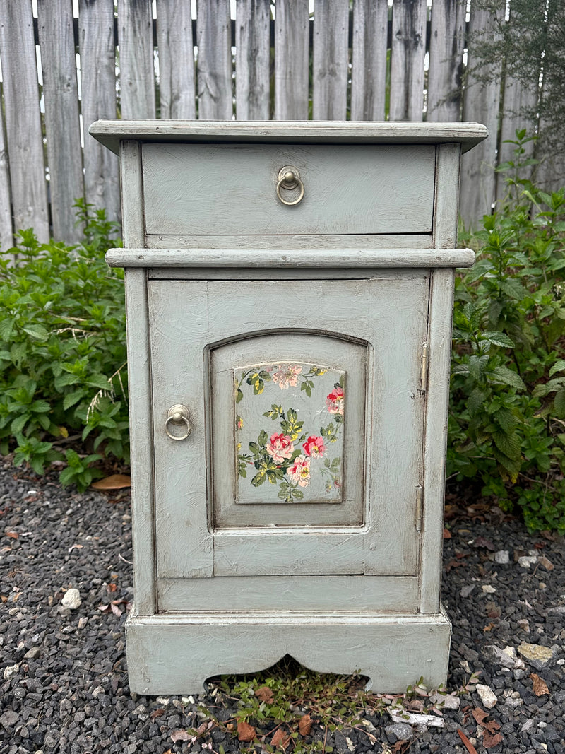 Rustic Duck Egg Bedside table with floral touch