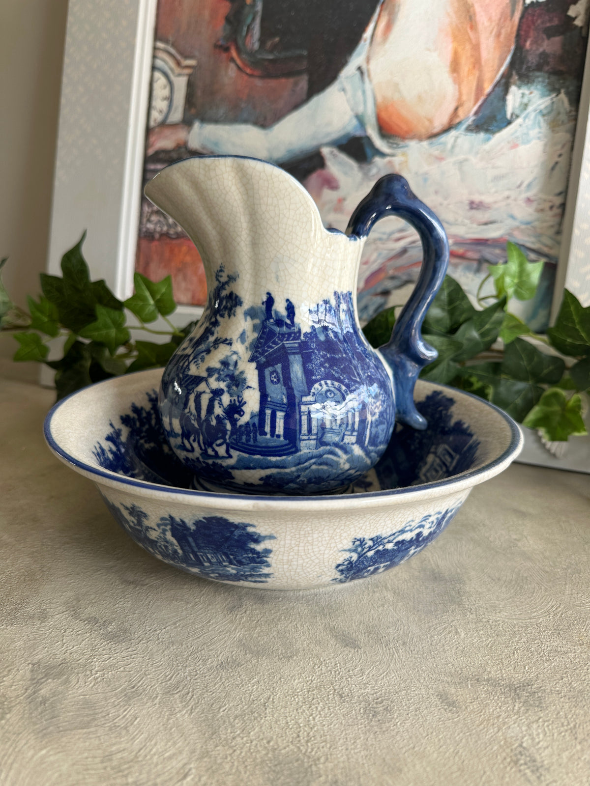 Crackled Blue  & White wash jug and bowl COLLECT only