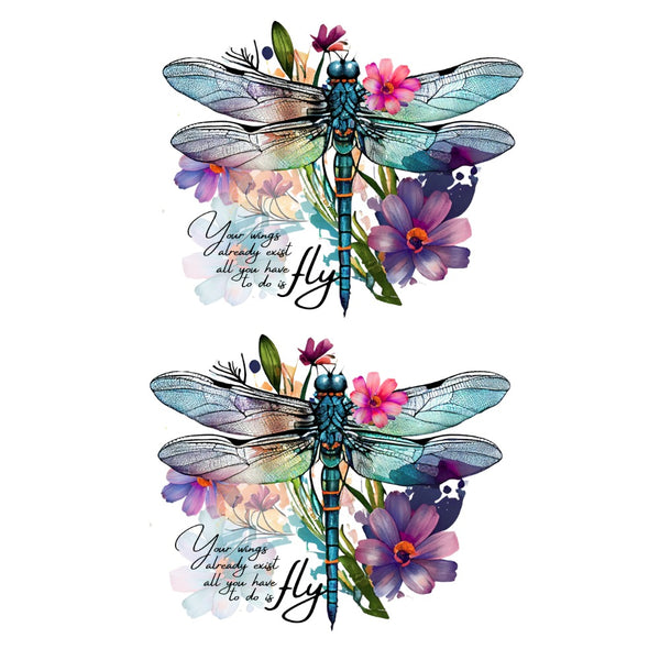 Colorful dragonfly illustration with flowers and motivational quote on a white background