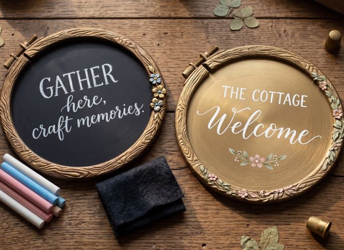 Two decorative signs with text on a wooden surface . Silicone mould DIY with engraved concentric circle patterns and two matching circular metal hoops , like embroidery hoops. Artisan's Frame Mould by Redesign with Prima