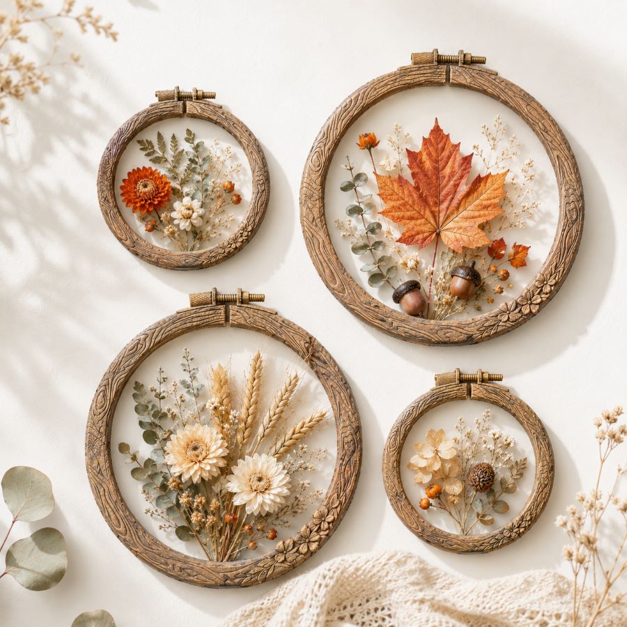 Four round wooden frames with pressed flowers and leaves. Silicone mould DIY with engraved concentric circle patterns and two matching circular metal hoops , like embroidery hoops. Artisan's Frame Mould by Redesign with Prima