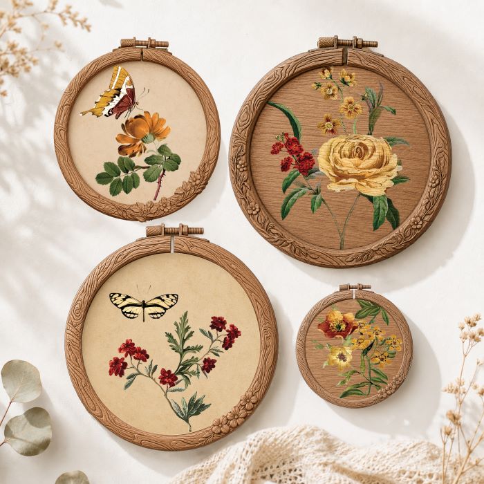 Four embroidered hoop art pieces with floral and butterfly designs on a light background. Silicone mould DIY Artisan's Frame Mould by Redesign with Prima