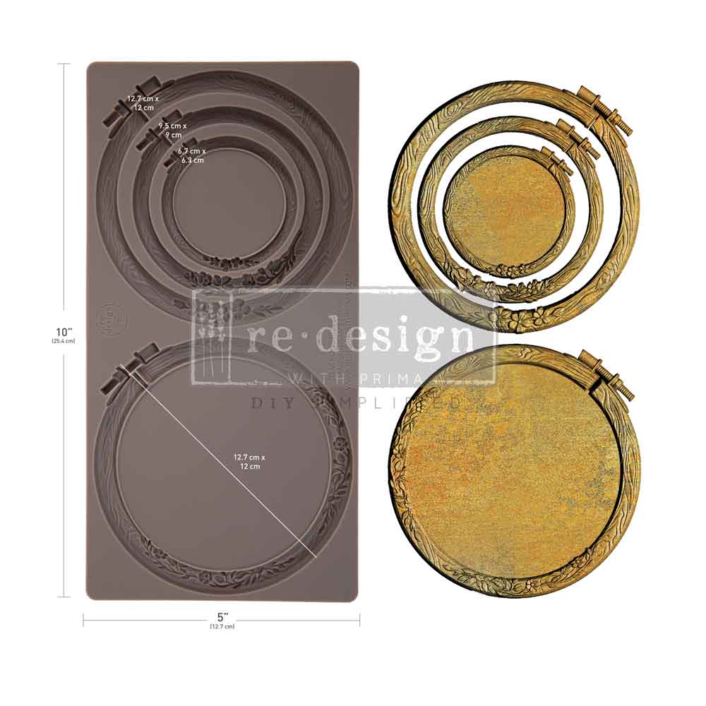 Silicone mould DIY with engraved concentric circle patterns and two matching circular metal hoops , like embroidery hoops. Artisan's Frame Mould by Redesign with Prima
