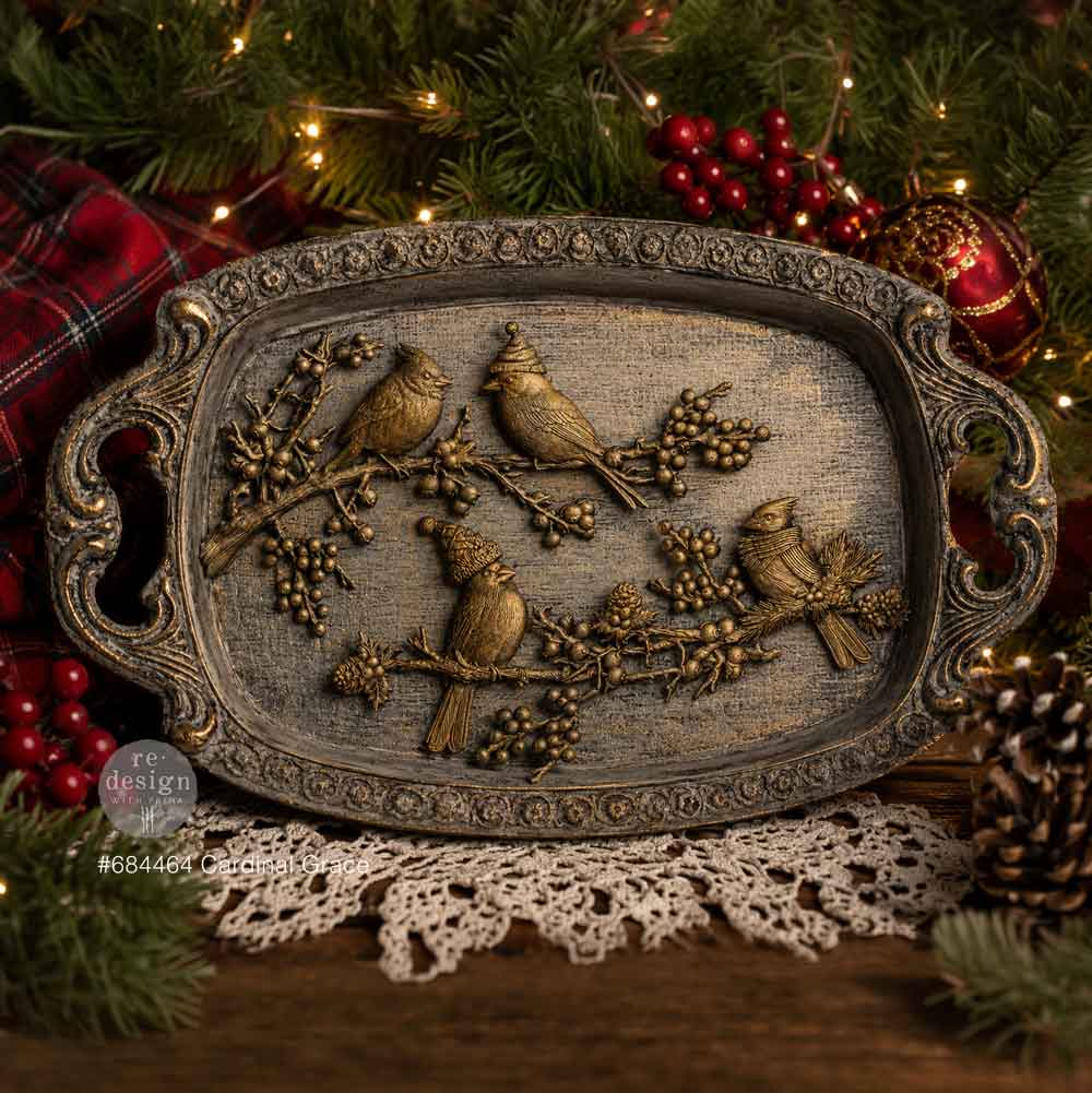 Decorative tray with bird design, Silicone mold with bird and branch design. Cardinal Grace Mould by Redesign with Prima Christmas