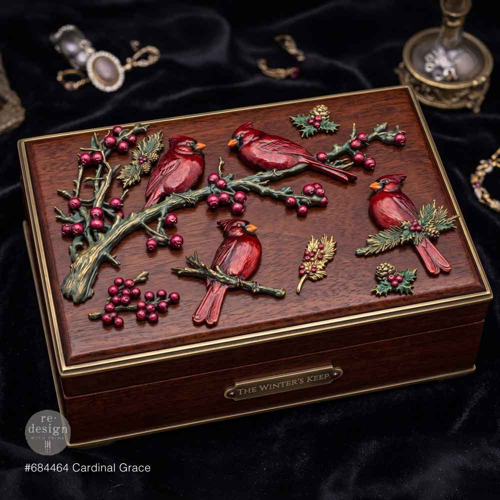 Wooden jewelry box with cardinal bird and berry design . Silicone mold with bird and branch design. Cardinal Grace Mould by Redesign with Prima Christmas